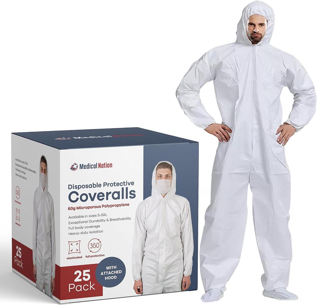 Hazmat Suits Disposable | 9 Size Options | With Hood, Heavy Duty, Breathable Disposable Coverall, Painter Suit (Medium)