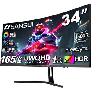 SANSUI 34-Inch Curved Gaming Monitor UWQHD 3440 x 1440 Up to 165Hz Curved 1500R - PIP/PBP, 1ms(MPRT), HDR, 300nits, sRGB 125%, DCI-P3 95%,FreeSync,HDMIx2,DP1.4x2 (DP Cable Included)