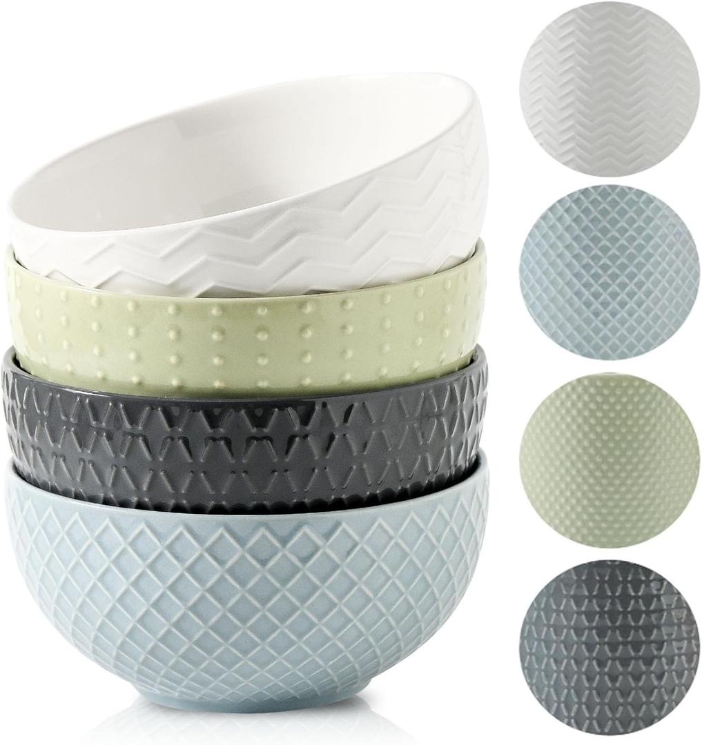 HASENSE Ceramic Cereal Bowls Set of 4, 26 OZ Soup Bowls, Embossed Stoneware Porcelain Bowls for Cereal, Soup, Oatmeal, Salad, Noodles & Rice, Microwave & Dishwasher Safe, Multi-Color