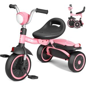 XJD Toddler Tricycle, Foldable Toddler Bike with Pedals, Tricycle for 2-5 Year Olds, Adjustable Comfortable Seat, Birthday Gifts for 1-5 Years Old Boys and Girls (Pink)