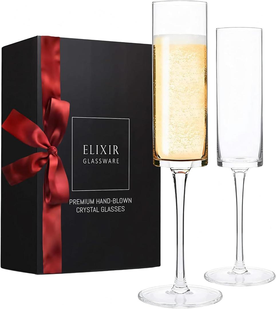 ELIXIR GLASSWARE Champagne Flutes - 6 oz - Set of 2 Crystal Glass Flutes, Hand Blown Edge Champagne Glasses - Premium Crystal Champagne Glasses - Wedding Gifts for Couples, Engagement Gift 