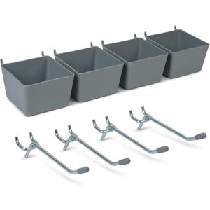 Pegboard Bins and Hooks Set, 4 Pack Open Front Storage Bins with 2 Inch Hooks, Small Parts Organizer Add-On for Screws, Nails, Tools, Garage Workshop Wall Storage