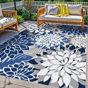 8x10 Outdoor Area Rug Washable Multicolored Patio Rug Tropical Botanical Floral Chenille Waterproof Outdoor Carpet Non-Slip for Deck, Backyard, Porch, Blue