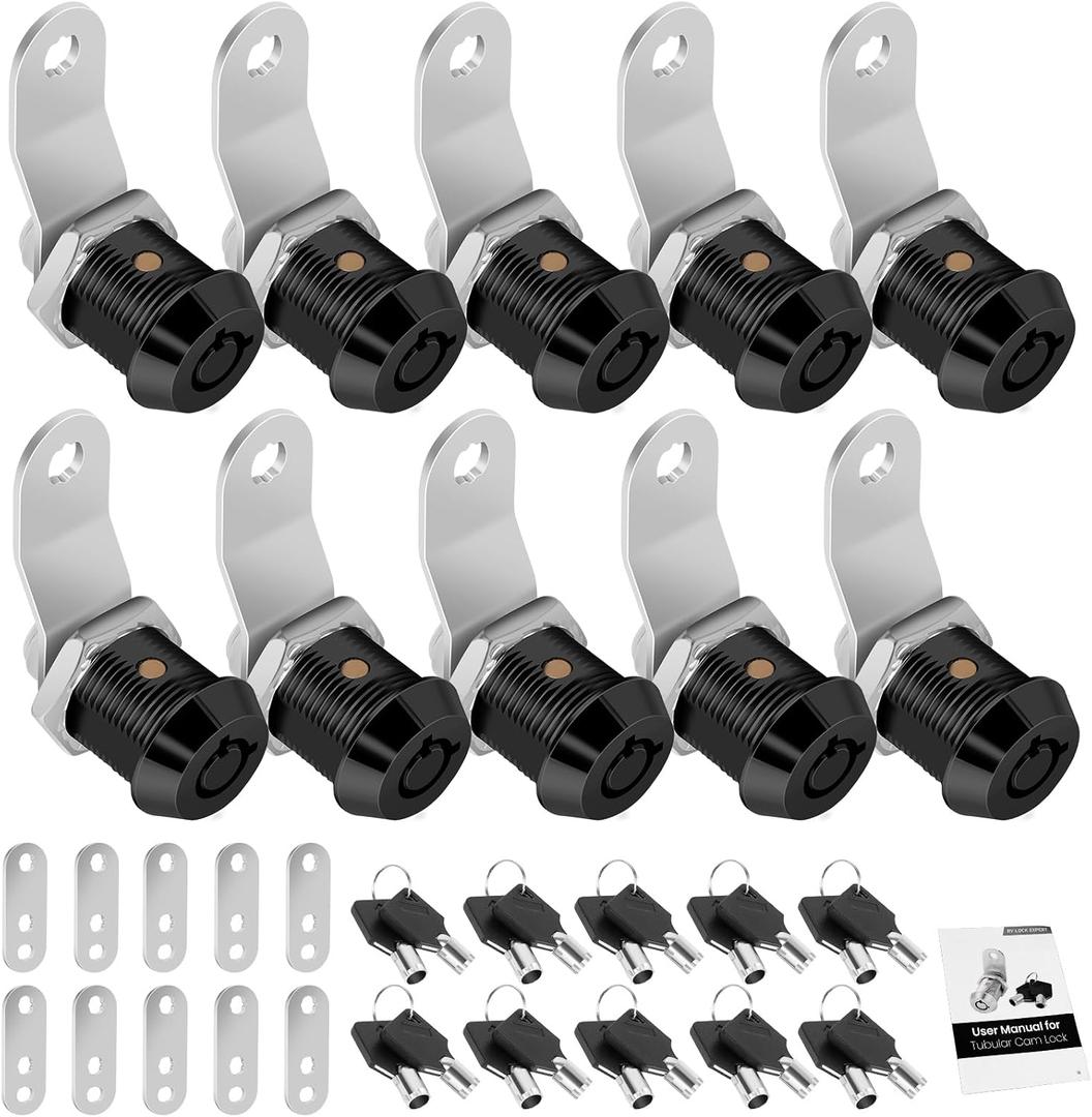 10 Pack Tool Box Lock with Keys, 5/8" RV Storage Lock Keyed Alike, Cabinet Lock Cam Locks for Toolbox Lock Replacement Mailbox RV Compartment Locks with Manual (Black -10 Pack, 5/8 Inch)