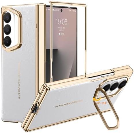 Libeagle for Samsung Galaxy Z Fold 7 Case with Leather Back, Built-in Camera Kickstand, Electroplated Frame & Hinge Protection, Screen Protector, Thin & Slim Leather Stand Cover 5G 2025, White