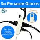 W4W Twin Extension Cord Power Strip - 3 Prong - 18 Foot Cord - 9 feet on Each Side - Flat Head (Wall Hugger) Outlet Plug - 6 Polarized Outlets