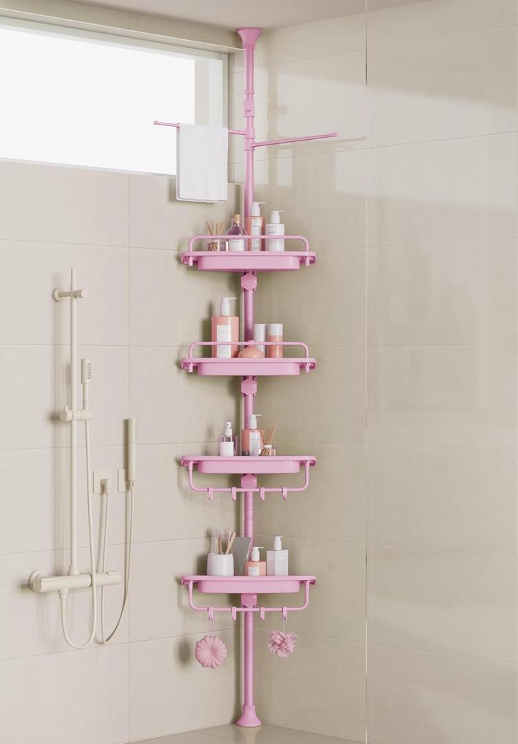 XLHOMO 32-122inch Corner Shower Caddy Tension Pole Pink, Rustproof Drill-Free Shower Shelves for Bathroom Bathtub Washbasin, Adjustable Shower Organizer with 4 Tier Patent Stable Shelves & Towel Bars, 122 inches x 13 inches x 8.4 inches