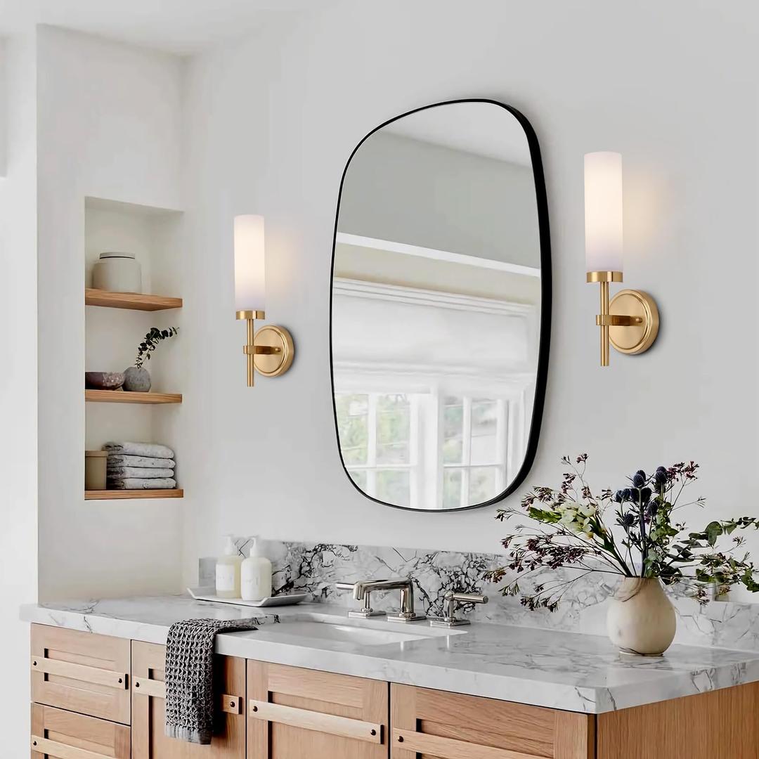 Wall Sconces Set of Two,Brass Gold Bathroom Sconces Wall Lighting with White Glass, Modern Sconces Wall Decor Set of 2 Wall Light fixtures for Bathroom Mirror Living Room Hallway Bedroom Wall Lamp