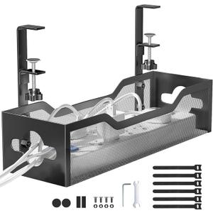 Under Desk Cable Management Tray No Drill, Metal Mesh Cable Management Under Desk with Clamp Mount, 2 Hole Cable Tray with Wire Management and Cord Organizer for Home Office Standing Desk (13.38", Black) Under Desk Cable Management Tray No Drill, Metal Mesh Cable Management Under Desk with Clamp Mount, 2 Hole Cable Tray with Wire Management and Cord Organizer for Home Office Standing Desk (13.38", Black)