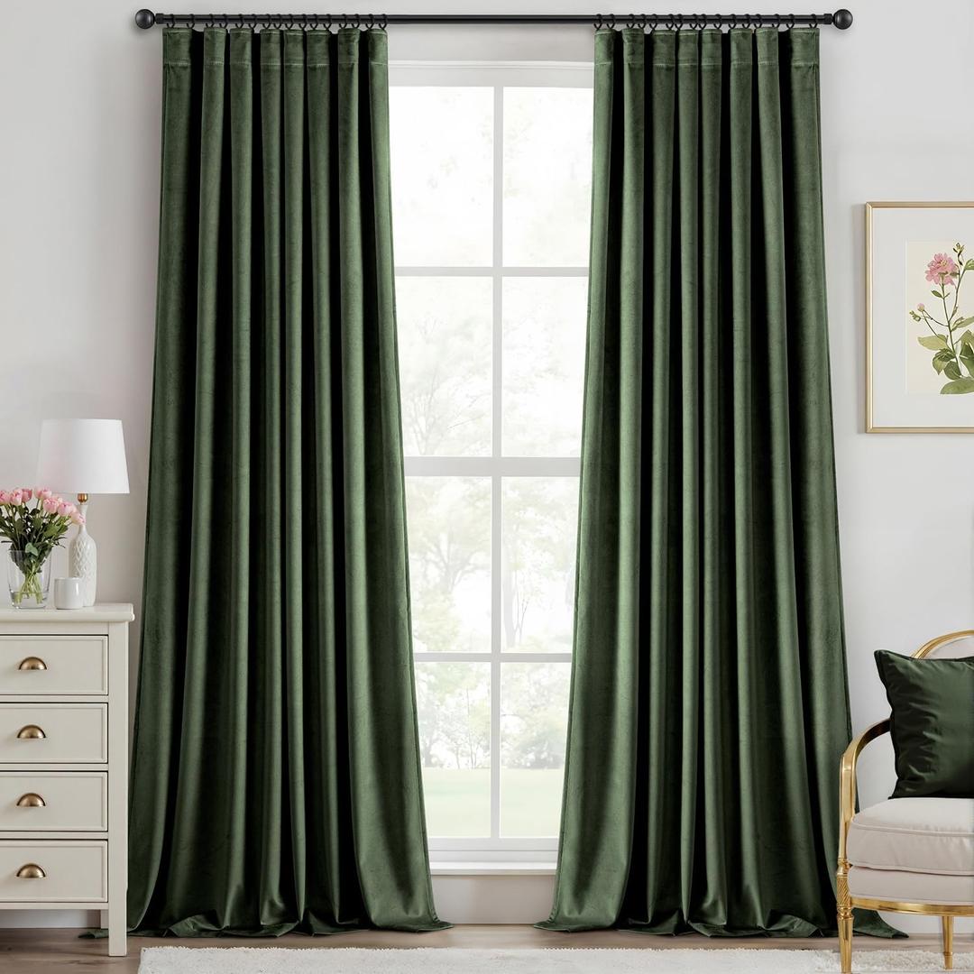 Olive Green Velvet Curtains 84 Inches Long Blackout Thermal Insulated Soundproof Curtain Privacy Room Darkening Curtains Pinch Pleat Window Drapes for Bedroom Living Room 42 x 84 Inch Set of 2