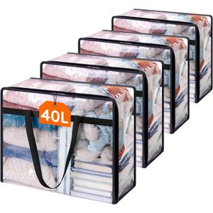 Lifewit 4 Pack Clear Clothes Storage Bags, 40L Plastic Blanket Storage Bag, Vinyl Foldable Moving Bags with Zipper, Closet Organizers and Storage Containers for Bedding, Duvet, Comforter