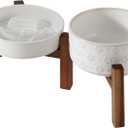 Ceramic 0.9 Cup Raised Slow Feeder Dog Bowl Set, Elevated 6.1inch Water Bowl and 6.1inch Slow Dish with Acacia Wood Stand for Small Dogs (2 x Reactived Glaze -White+ Stand)