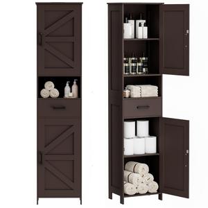Homhedy 67" H Tall Bathroom Storage Cabinet with Barn Doors and Drawer