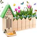 4-in-1 Butterfly House Feeder Bee House with Flower Pot, Wooden Butterfly Houses for The Garden, Butterfly Feeders for Outdoors, Natural Butterfly Garden Kit Habitat for Outside