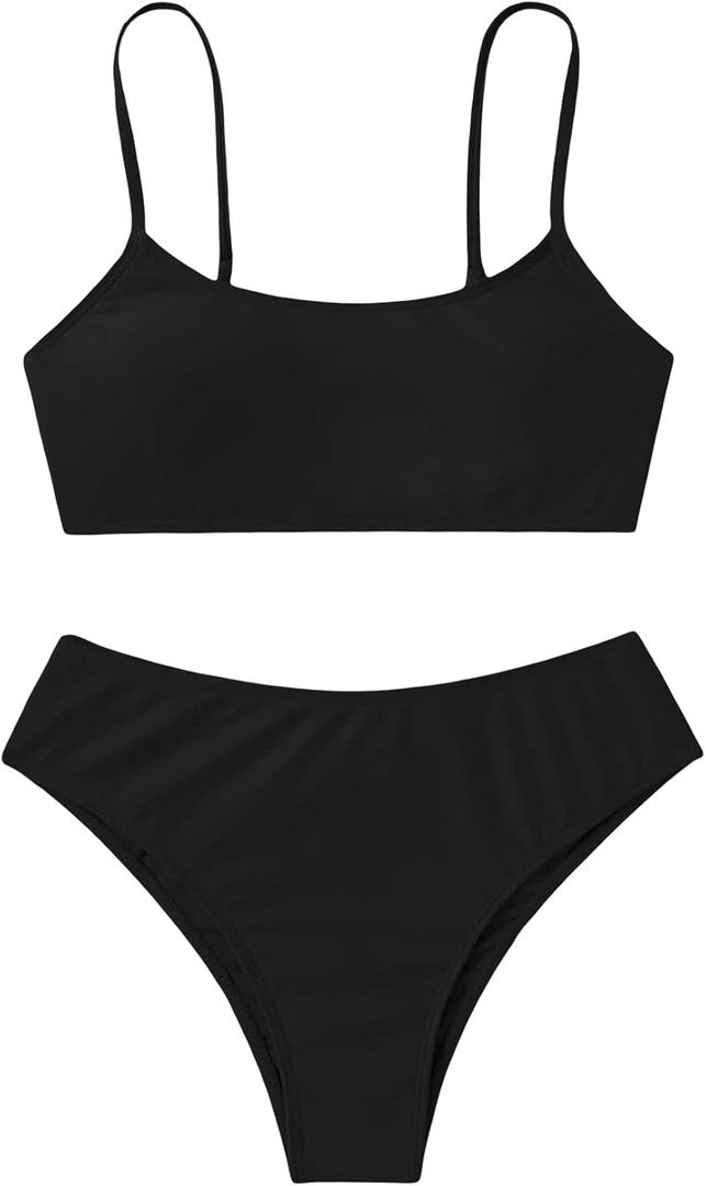 SHENHE Girl's 2 Piece O Ring Bikini High Waisted Spaghetti Strap Cute Swimsuit Bathing Suit (Black, 14 Years)