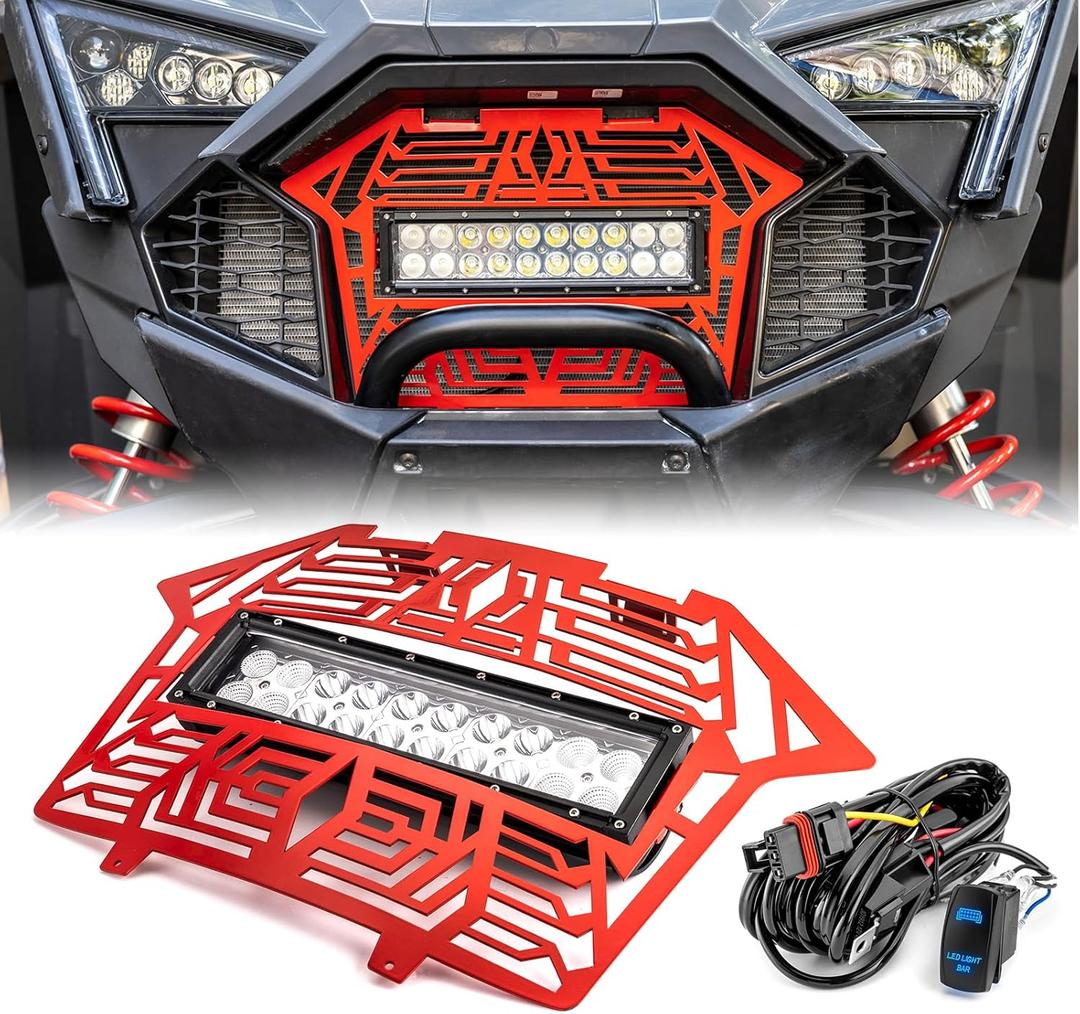 WeiSen Red Steel Front Mesh Fascia Grille With 11 Inch Light Bar Compatible With Polaris RZR Pro Turbo XP R 4 2020-2024 Replace #5456612-070