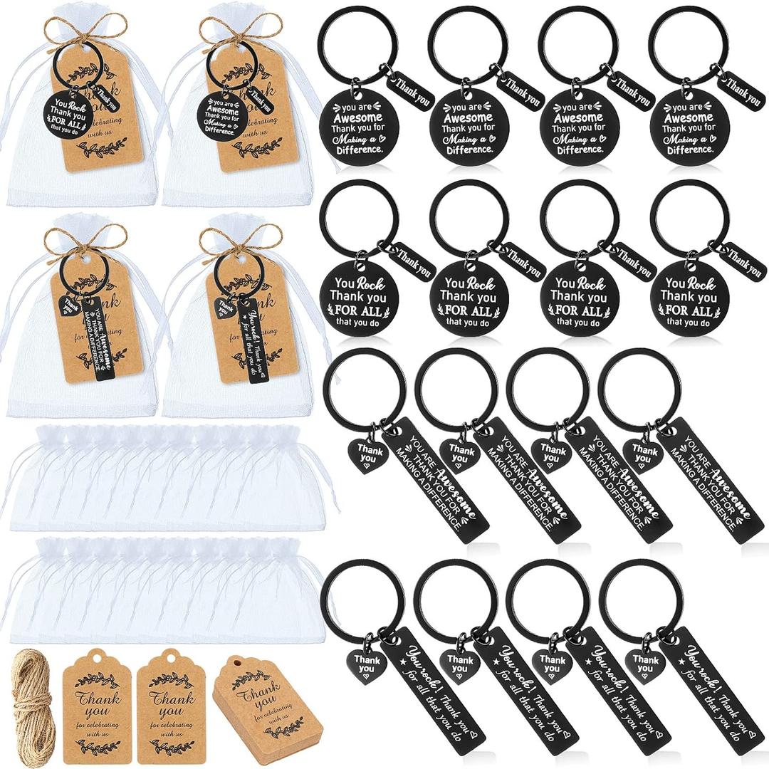 Yinkin 60 Pcs Christmas Thank You Keychain Gifts with Thank You Tag Bags Gift for Christmas Party Favors Employee Coworker (Black)
