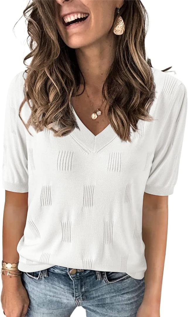 Arach&Cloz Women's Lightweight Spring Summer Sweater Tops Casual Short Sleeve Blouses Shirts, Size: X-Small (Off White)