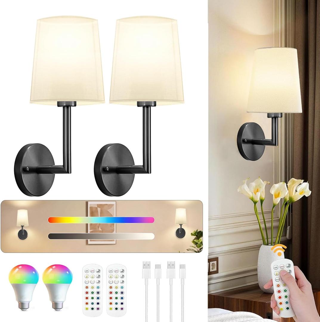 JKEYES Battery Operated Wall Sconces Set of Two, Black Cordless Wall Sconce with 10000mAh RGB Dimmable Detachable Rechargeable Bulbs, 12 Colors Sconces Wall Decor for Bedroom Living Room Hallway