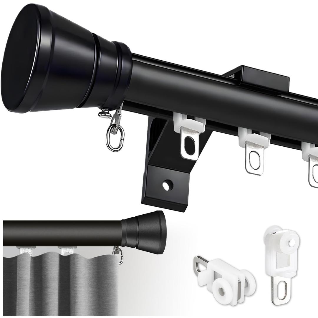 Single Curtain Track for Windows, 5m(16.4ft) Wall Mounted Heavy Duty Decorative Curtain rail with End Caps, Aluminum Brackets, Silent Wheels Easy to Install for Bedroom Living Room（Black）
