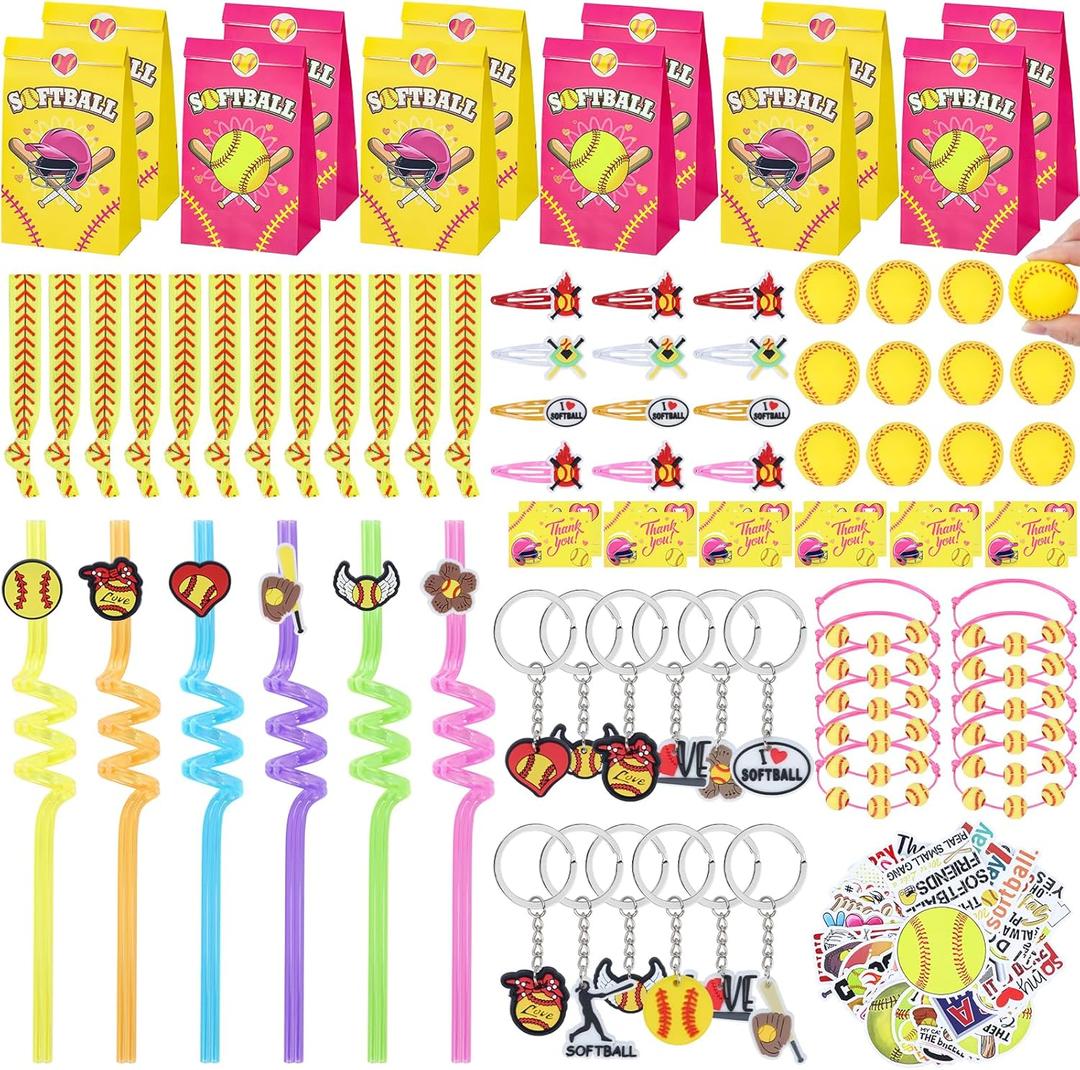 Gifts2U Softball Party Favors, 146 Pcs Softball Goodie Bags Stuffers with Charm Bracelet, Stress Balls, Stickers, Keychain and Softball Accessories, Gifts Bulk for Team Girls Birthday Party.