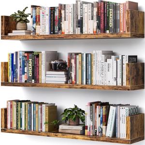 Wall Bookshelf, Set of 3, U Shaped Floating Bookshelf, Hanging Bookshelves for Wall, Wall Mounted Shelves for Living Room Bedroom Office (Rustic Brown, 23.6 Inches, 3)