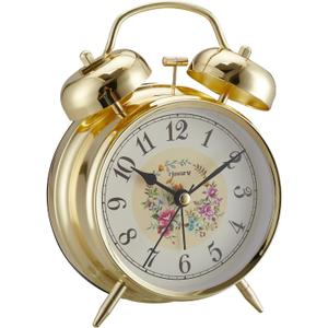 4" Loud Alarm Twin Bell Alarm Clock, Night Light, Desk Clock Table Alarm Clock Bedroom Alarm Clock(Golden Rural)
