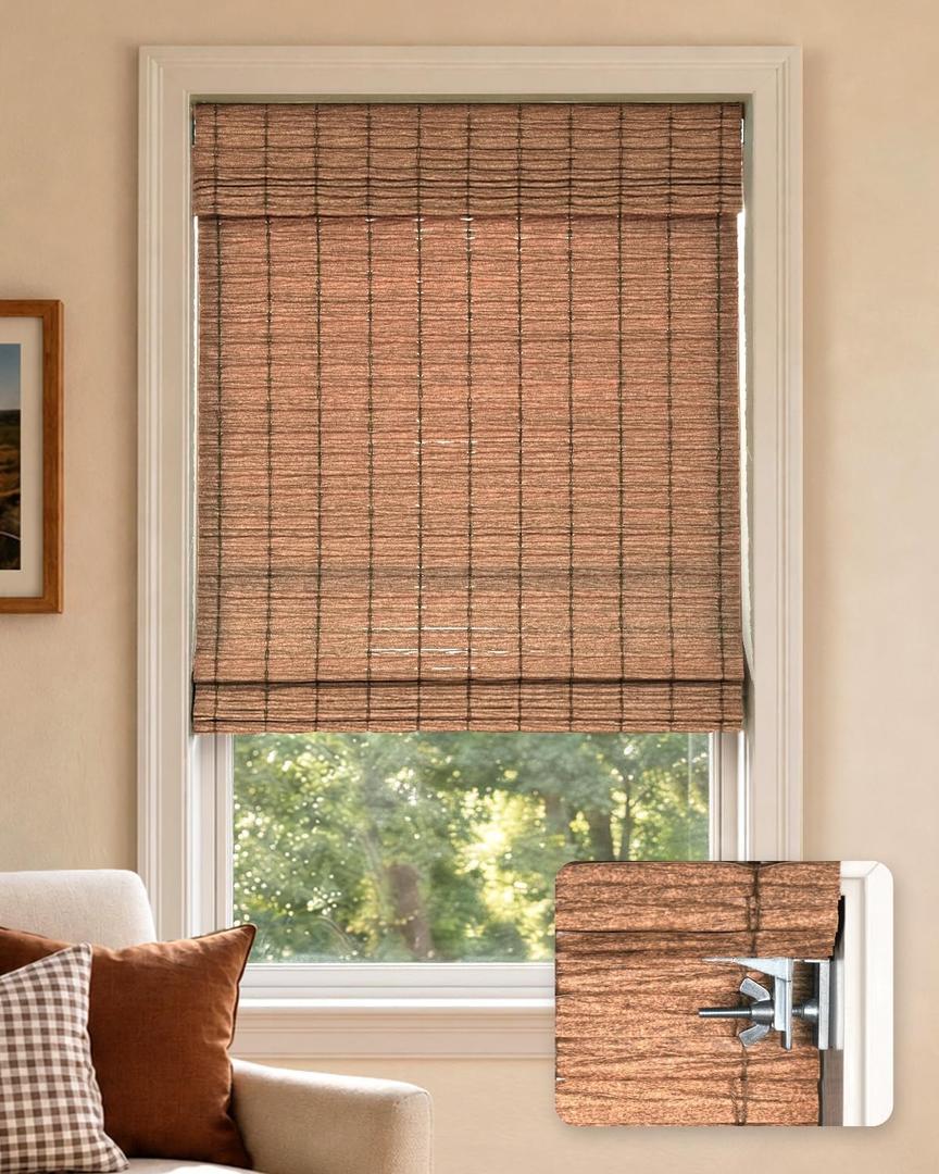 LazBlinds No Drill Cordless Roman Shades for Windows, 36" W x 48"H, Natural | Light Filtering Privacy Protection Thermal Insulation UV Blocking Natural Panama Weave Fabric Blinds for Windows