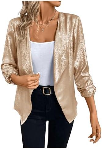 WDIRARA Women's Sequin Glitter Open Front Blazer Casual Long Sleeve Sparkl Jacket Outerwear M