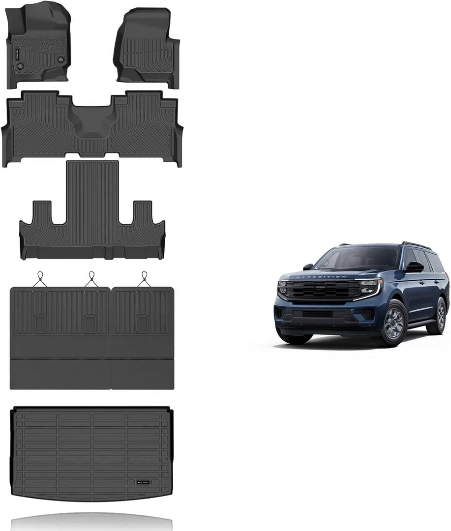 KELCSEECS Floor Mats & Cargo Liner with Seatback Mats for 2021-2024 Ford Expedition Max(Only Fit Max) 7 Seats with 2nd Row Bucket Seat, All Weather Protection TPE Liners Full Set Accessories Black