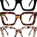 REAVEE 3 Pack Thick Frame Oversized Reading Glasses for Women Blue Light Blocking Computer stylish Readers with Spring Hinge (Black + Tortoise + Brown Tortoise)
