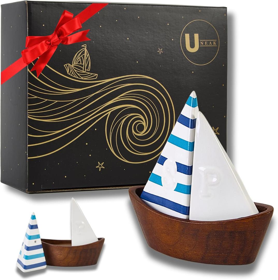 UNEAK -Handcrafted Ceramic Cute Sailboat Salt And Pepper Shaker with Cherry Wood Base/Boat Elegant (2 Pcs Set) Gift Shakers Set Compact Cooking, Kitchen and Dining Room, Classic, Refillable