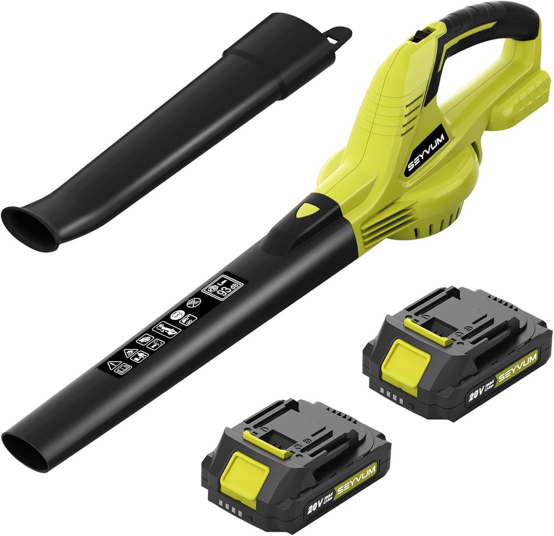SEYVUM Leaf Blower, 20V Cordless Blower with 2 x 2.0Ah Battery, Electric Leaf Blowers for Lawn Care, 320 CFM 150 MPH Battery Powered Leaf Blower, for Patio, Garden Cleaning, Light Lemon Green