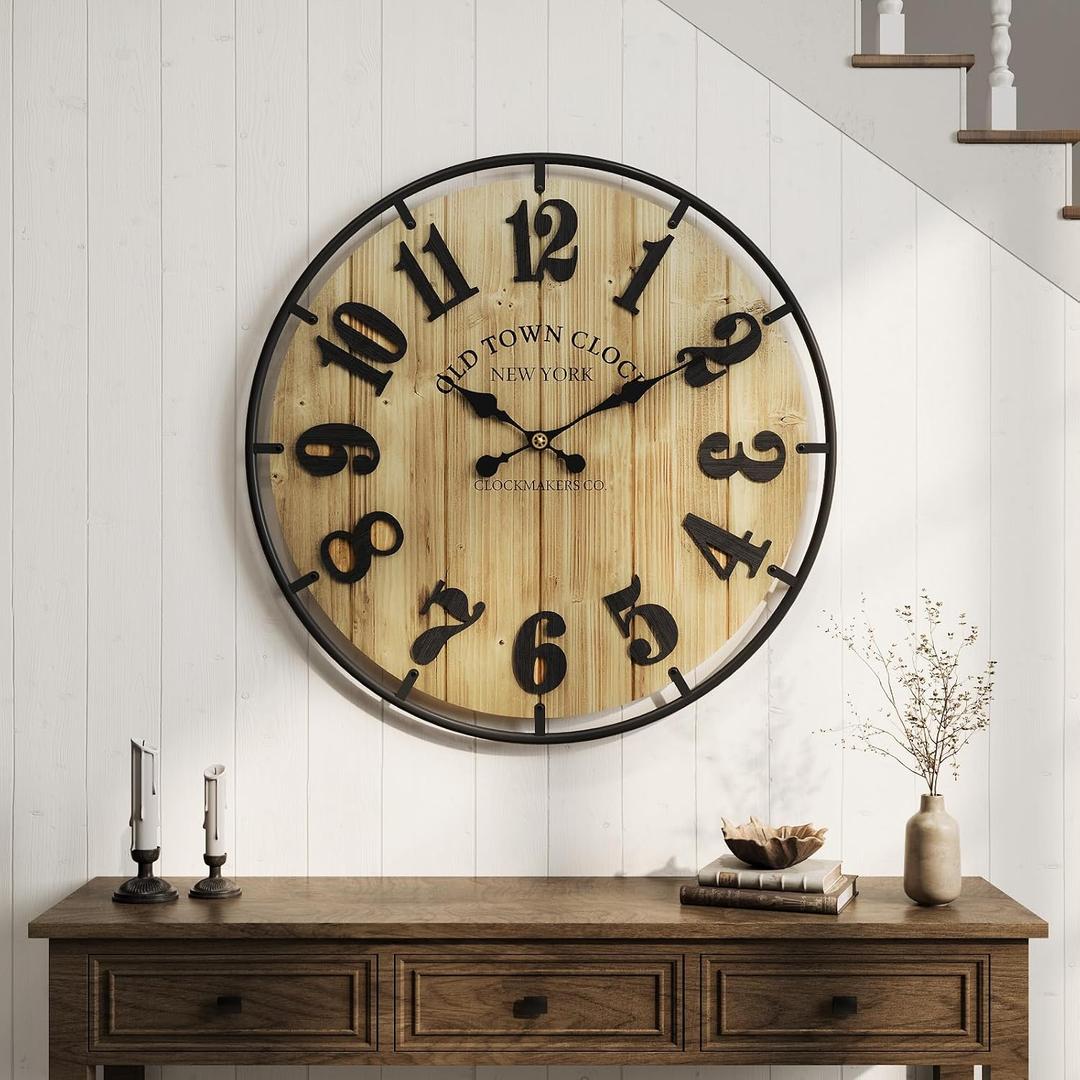 Farmhouse Wall Clock for Living Room Decor, 20 Inch Rustic Wood Metal Clock