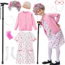 Old Lady Costume for Kids Girls 100 Days of School Costume, Granny Grandma Dress Up for Girls, L: 8~10 Years