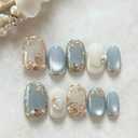 Square Press on Nails Short Fake Nails with 3D Gold Silvery Flowers Design Glitter Blue French False Nails Glossy Acrylic Glue on Nails Full Cover Spring Floral Stick on Nails for Women 30Pcs