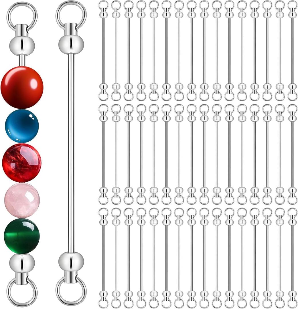 50pcs Beadable Keychains DIY Set, Metal Sliver Blank Keychains Bars Charmful Beaded Keychain Pendant Making Kit, Keychain Making Supplies for DIY Gift Craft Accessories