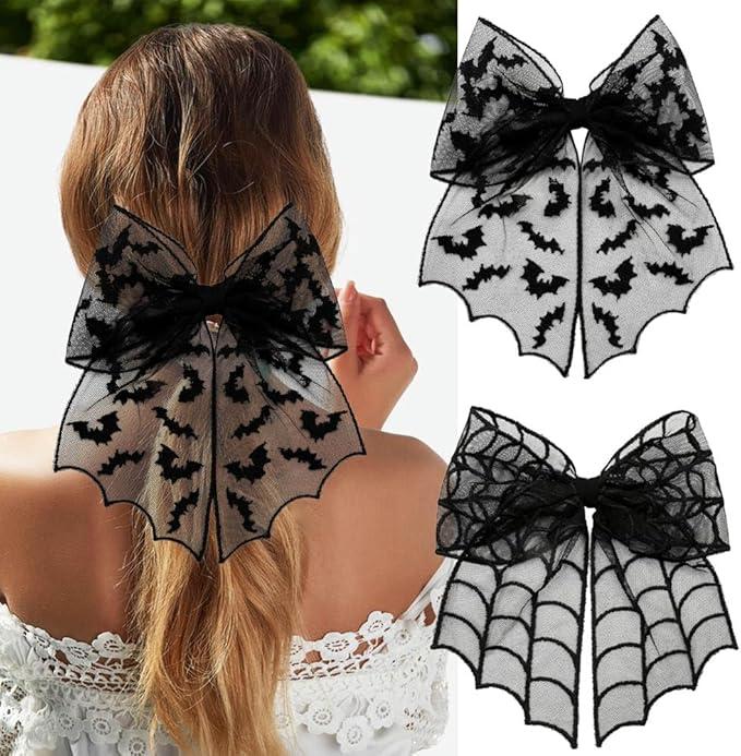 2PCS Halloween Bow Hair Clips Black Spider Web Bat Hair Bow Clips Transparent Mesh Big Ribbon Bows Hairpin Gothic Bat Cobweb Long Tails Bows Clip Barrette for Women Halloween Cosplay Hair Decor
