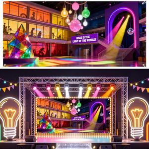 2 x 2026 VBS Bible Lighting Backdrop - 7.6 3.8 ft Flashing Station Vacation Bible School Hanging Banner Colorful Disco Religious Theme Party Background Decoration for Sunday Church School Supplies, 7.8 x 3.6 ft