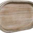 MAONAME Wood Serving Tray, Farmhouse Wooden Tray for Coffee Table, Oval Beaded Trays, Washed White Decorative Trays for Living Room, Kitchen, 15" X 9" X 1.2"