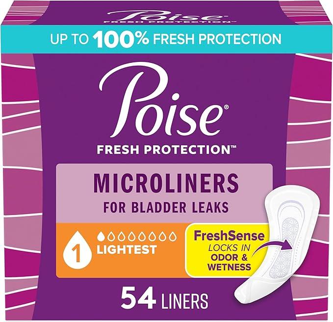 Poise Daily Microliners, Incontinence Panty Liners for Bladder Leaks, 1 Drop Lightest Absorbency, Regular, 54 Count of Pantiliners (6 Pack)