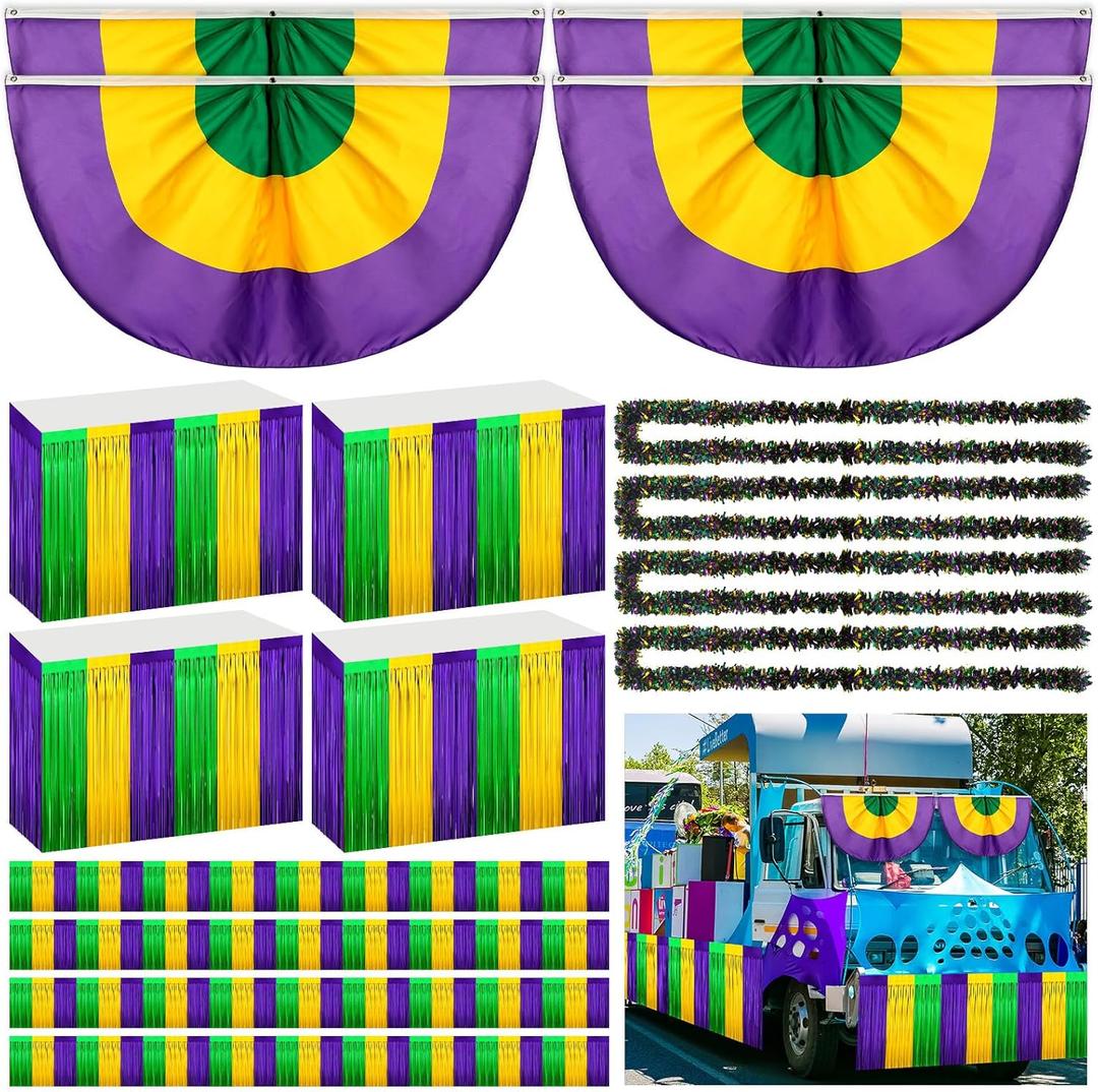 Ceenna 16 Pcs Mardi Gras Parade Float Decorations with 4 Pcs Mardi Gras Table Skirts 4 Pcs Mardi Gras Bunting Flag 4 Pcs Mardi Gras Tinsel Garland 4 Pcs Fringe Banner for New Orleans Carnival Supplies