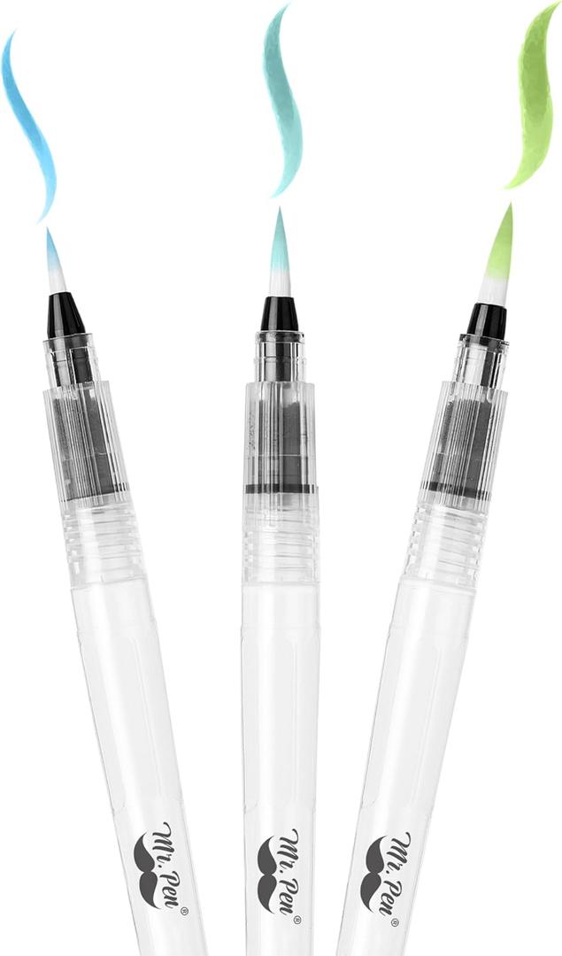 Mr. Pen- Watercolor Brush Pens, 3 pcs, 3 x Point Tips Styles, Nylon Bristles, Refillable Watercolor Pens for Acrylic, Gouache, Crayons, Ideal for Artists, Drawing, Sketching