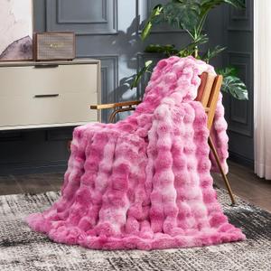 Cozy Bliss Faux Fur Throw Blanket for Couch, Fuzzy Soft Plush Thick Bubble Blanket for Sofa Bedroom Living Room, 50 * 60 Inches Tie Dye Pink
