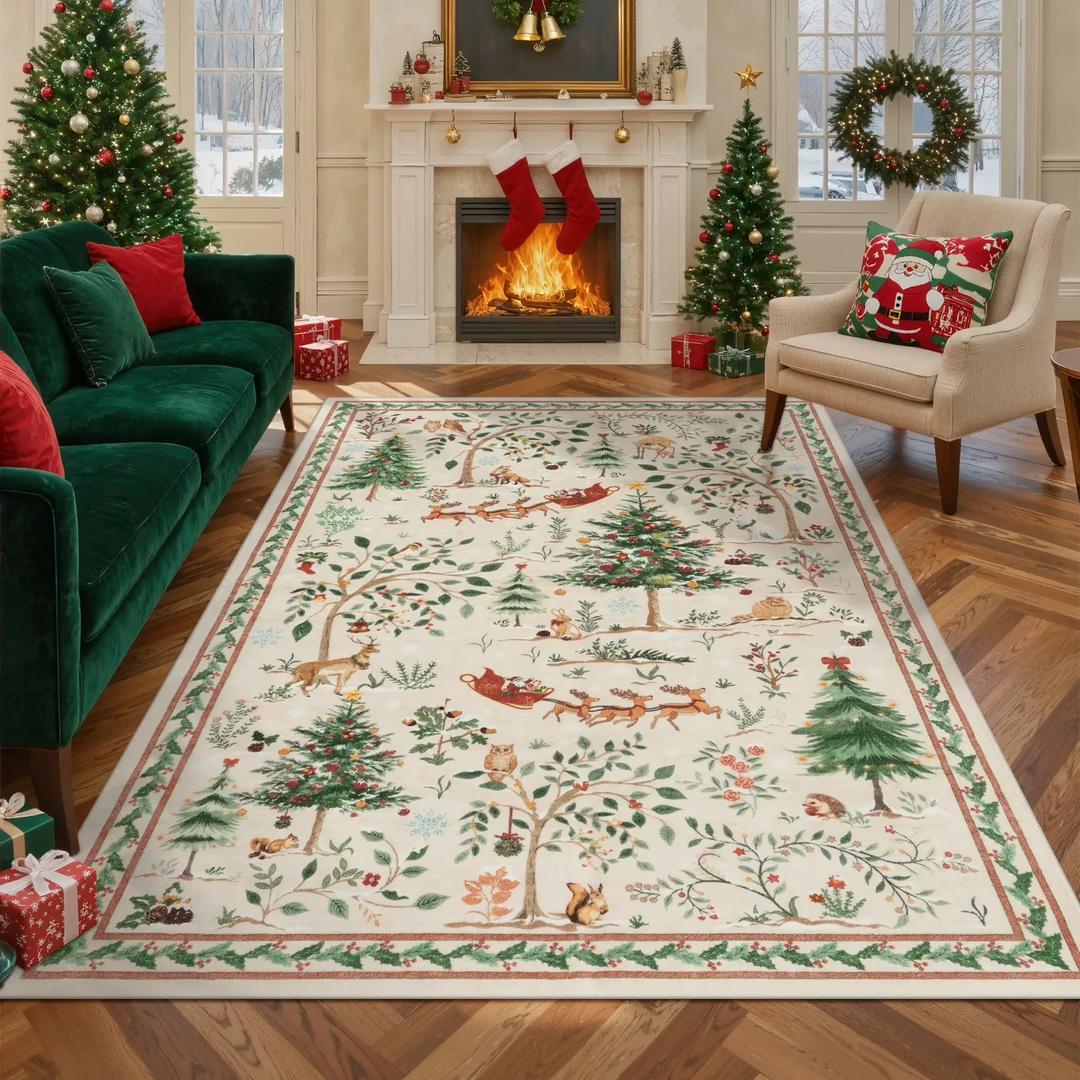 5x7Ft Christmas Area Rugs for Living Room, Non-Slip Grey Washable Holiday Rugs, Christmas Tree Santa Claus Animal Print Rug for Bedroom, Carpet for Dining Room Office