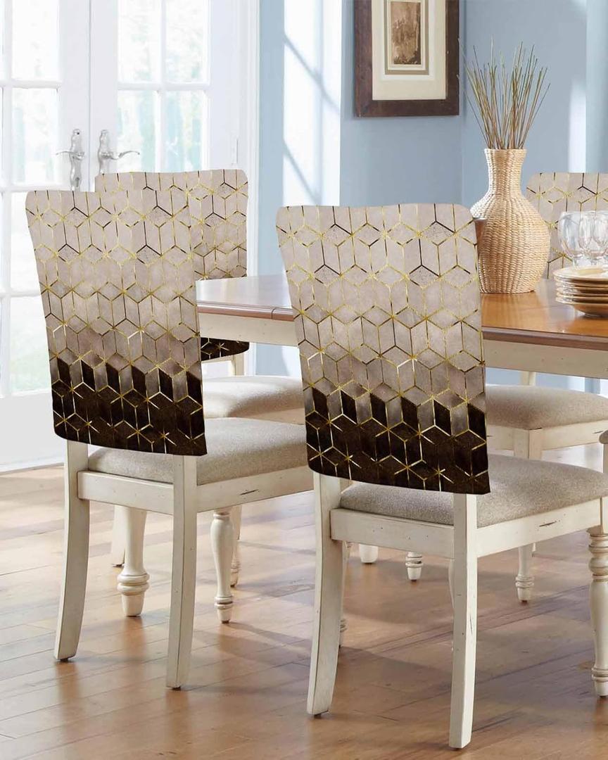 Savannan Dining Chair Back Covers, Geometric Pattern Abstract Art Cubes Brown Black Gold Chair Covers Chair Slipcovers Protective Covers for Holiday Party Festival Decoration, Set of 4 (Marblesan91775)