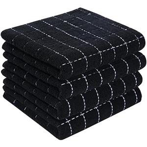 Homaxy 100% Cotton Terry Kitchen Towels(Black, 13 x 28 inches), Checkered Designed, Soft and Super Absorbent Dish Towels, 4 Pack