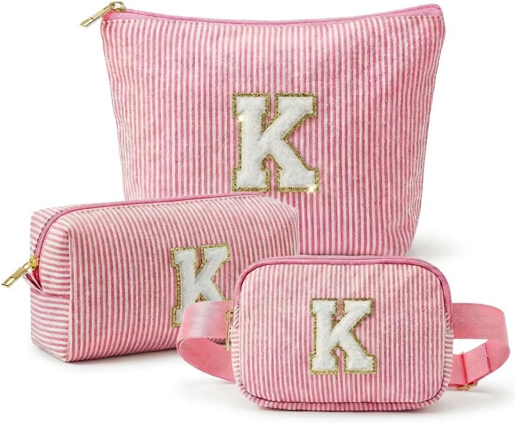 2 x Personalized Initial Makeup Bag Set, 3pcs Monogram Makeup Bag with Large & Small Pouch and Waist Bag, Initial Makeup Bag Organizer for Travel, Luggage, Daily Use and Cute Gifts (K)