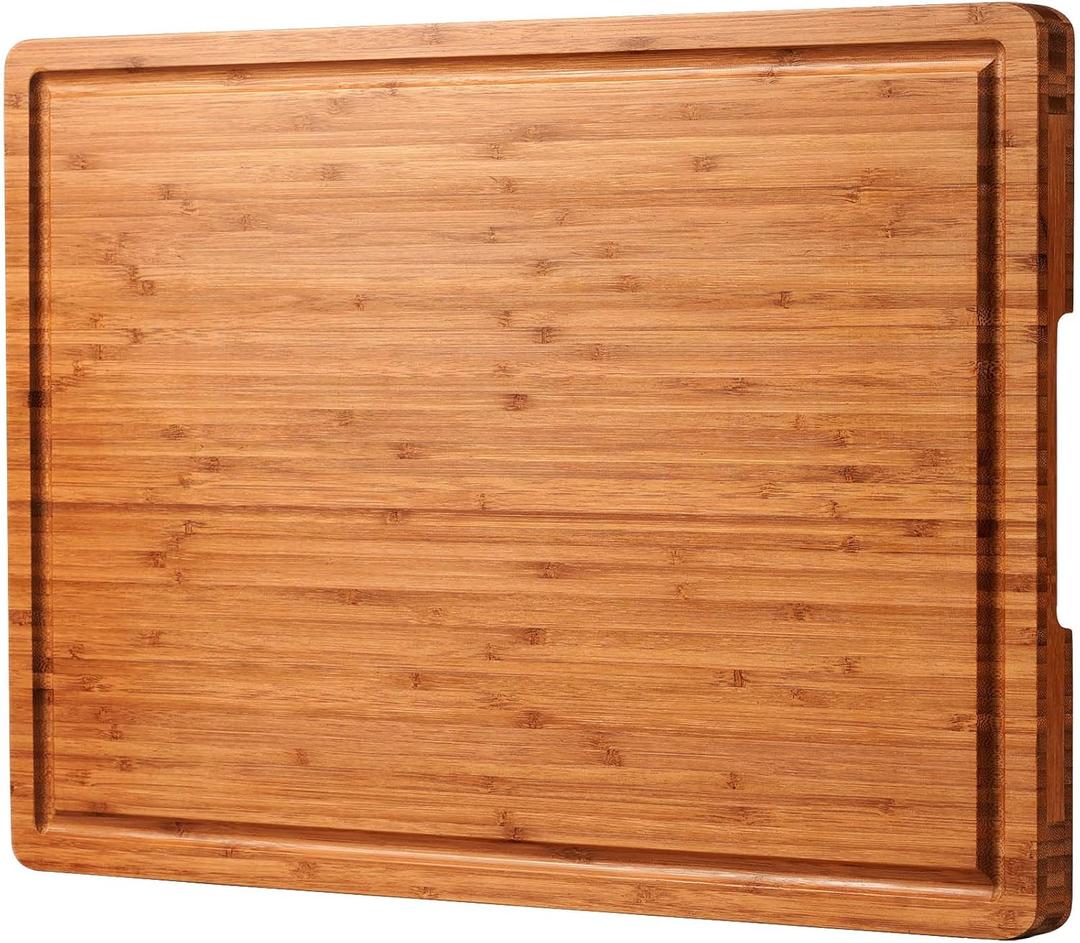 24"x18" Bamboo Cutting Boards, XXL Charcuterie Cheese Platter Serving Tray with Handles and Juice Grooves, Solid Structure, Slim, Durable, Reversible (24"L x 18"W, Brown)