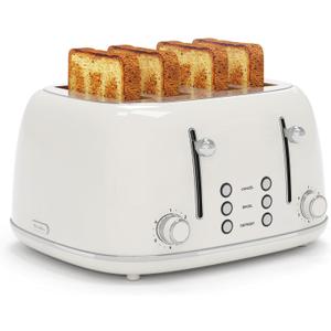 Toaster 4 Slice, Retro Stainless Toaster with 6 Bread Shade Settings,1.5''Wide Slots Toaster with Cancel/Defrost/Reheat Functions,Dual Independent Control Panel, Removal Crumb Tray (White)